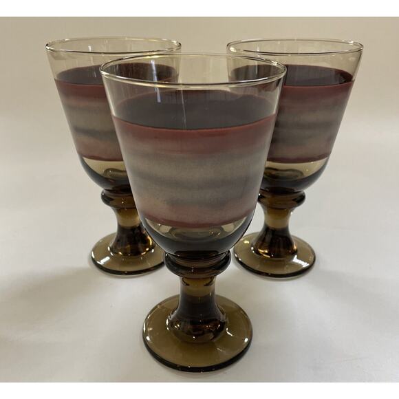 Vintage Set of 3 Libbey Sango Nova Brown Stemmed Glass Water‎ Goblets Wine - Picture 1 of 8